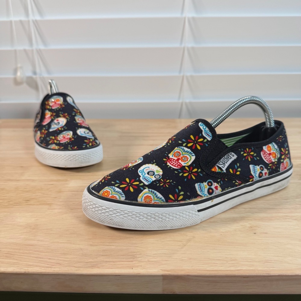 Skechers Sugar Skull Sneakers Women's Black White Canvas Slip On Comfort - 6